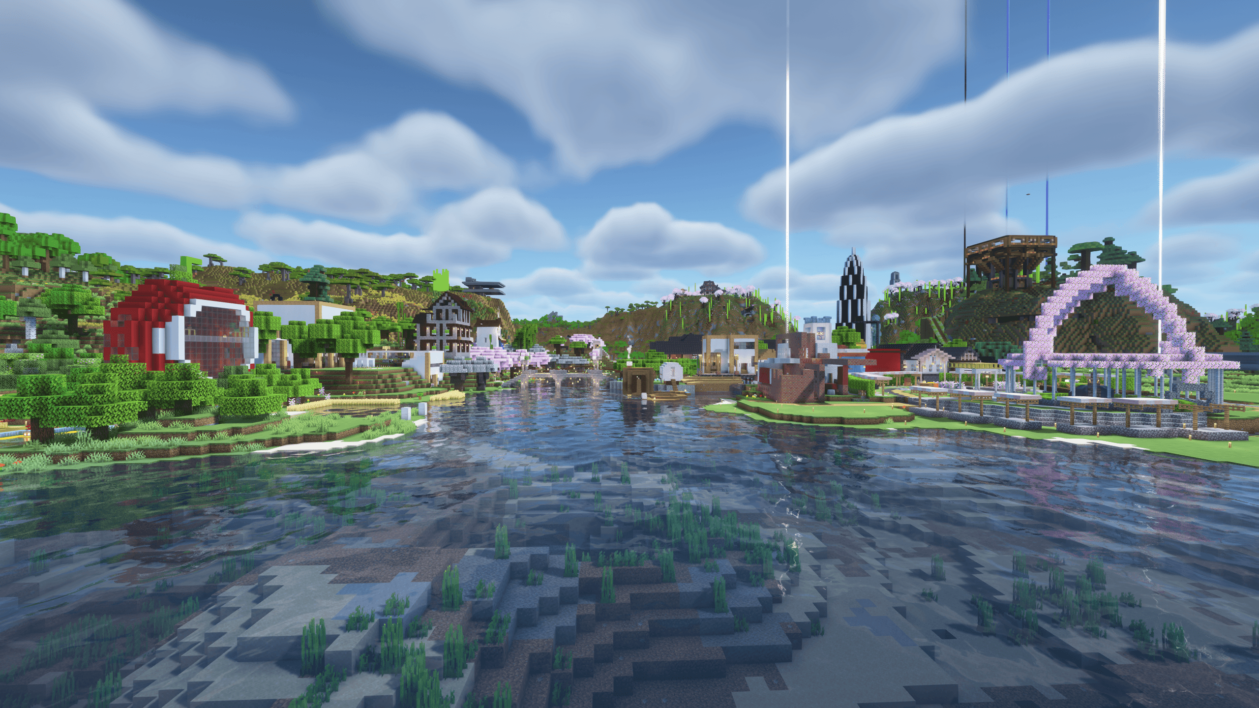 Taustakuvana maisema minecraft maailmasta